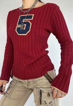 Vintage 90s Jumper Knit Sweater Number Sporty Y2k 