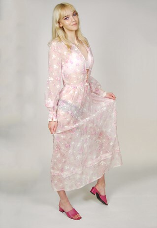 60s Floral Nightgown (XXS) vintage sheer lingerie dress pink