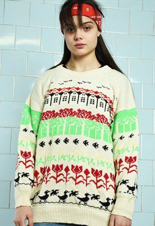 VINTAGE 80S BOHO FOLK ETHNIC KNIT MULTICOLOR JUMPER PULLOVER