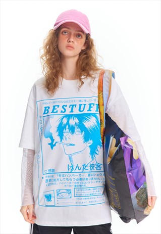 ANIME BOY T-SHIRT JAPANESE TOP GRUNGE CARTOON TEE IN WHITE