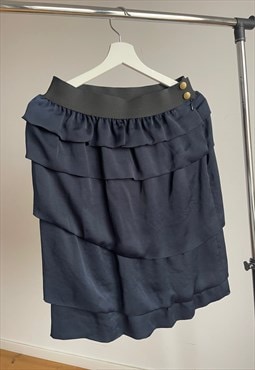 Silk Navy Ruffled High Waisted Mini/midi skirt