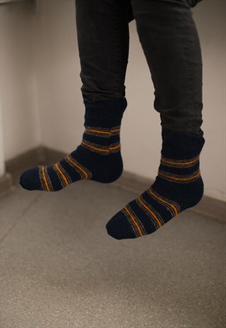 NAVY HANDMADE STRIPED KNITTED WOOL SOCKS