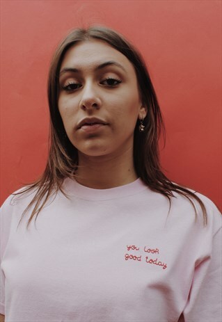 LIGHT PINK SELF LOVE T-SHIRT WITH RED HAND EMBROIDERY