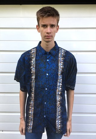 MENS FESTIVAL 80S BLUE AFRICAN PRINT PATTERN BUTTON UP SHIRT