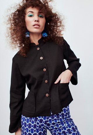 ANGLER BLACK LINEN COCONUT BUTTON COLLARLESS BOX JACKET
