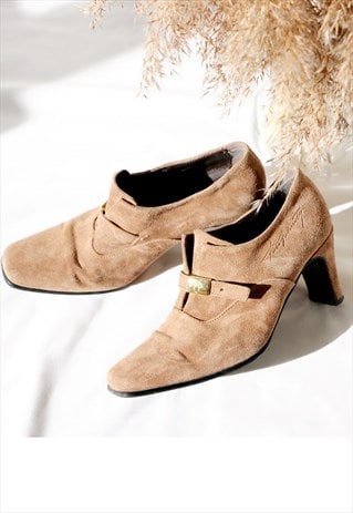 SQUARE TOE 90S HEELS GENUINE SUEDE LEATHER VINTAGE SHOES 