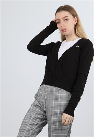 VINTAGE LACOSTE BLACK EMBROIDERED LOGO LOW CUT SWEATSH