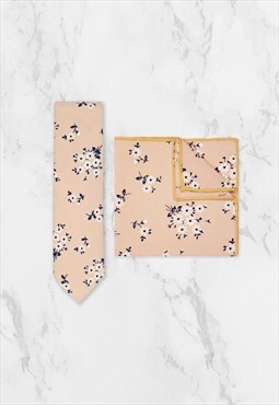 Peach Cotton Floral Wedding Tie & Pocket Square Set
