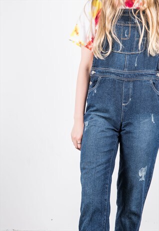 VINTAGE BLUE DENIM RIPPED DUNGAREES