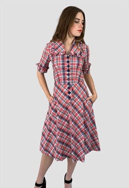 70's Vintage Gingham Check Cotton Ruffle Neckline Dress S