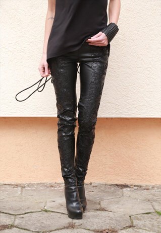 LACE LEATHER PANTS STRETCH LEGGINGS SKINNY BIKER F1567