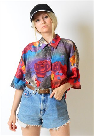 VINTAGE 90S COLOURFUL ABSTRACT FLOWER SILK SHIRT