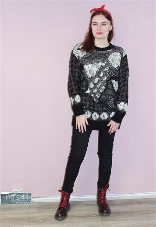 80S VINTAGE CHRISTMAS JUMPER BLACK MULTI PUNK GRUNGE