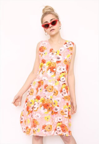VINTAGE 80S ORANGE FLORAL PRINT MINI DRESS