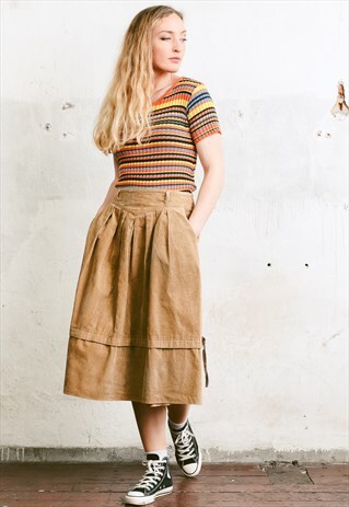 VINTAGE 70S A-LINE MIDI CORDUROY SKIRT WITH POCKETS