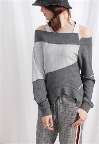 (KOREAN) 2 TONE OFF SHOULDER ASYMMETRIC SWEATSHIRT GREY