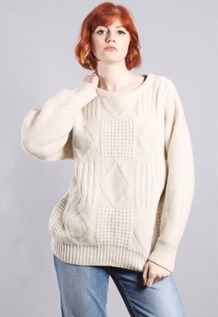 VINTAGE 80S SOFT WOOL JUMPER IN CREAM TEXTURED KNIT