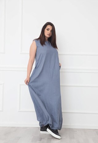 BLUE LINEN DRESS WITH TULIP BACK