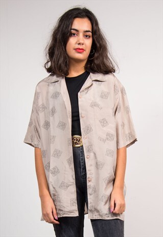 90'S VINTAGE BEIGE ABSTRACT PATTERN SHORT SLEEVE SILK SHIRT