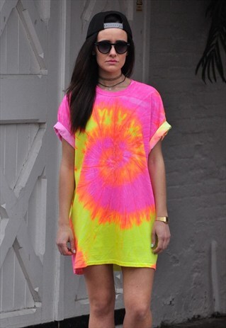 OVERSIZE NEON YELLOW PINK TIE DYE SUMMER T SHIRT DRESS TOP