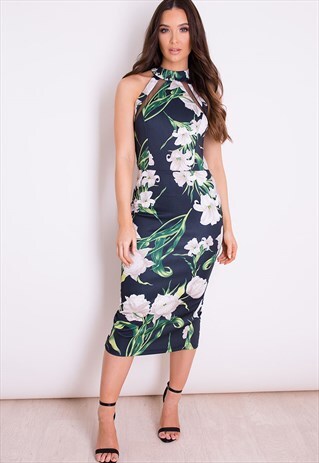 ALESIA FLORAL MESH PANEL BODYCON MIDI DRESS BLACK