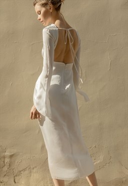 Silk blend midi dress with an open back and long sleeves