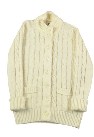 VINTAGE CABLE KNIT KNITTED CARDIGAN CREAM LADIES LARGE