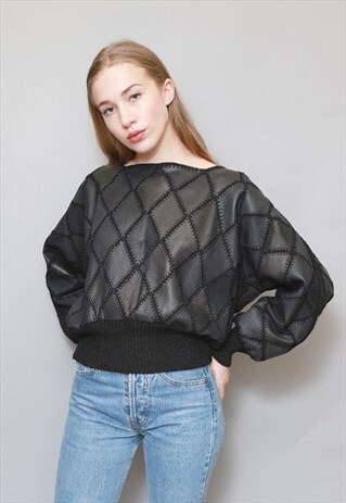VINTAGE 1990'S BLACK LEATHER CROCHET RIBBED JUMPER