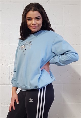 VINTAGE BABY BLUE SWEATSHIRT WITH HIGH NECK & BIRDS SIZE S