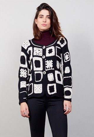 VINTAGE MONOCHROME WOOL CROCHET CARDIGAN