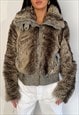 VINTAGE 00S Y2K BROWN FAUX FUR COSY FULL ZIP COAT