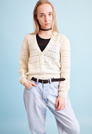 80'S RETRO KNITTED HANDMADE NEUTRAL MOMS CARDIGAN TOP