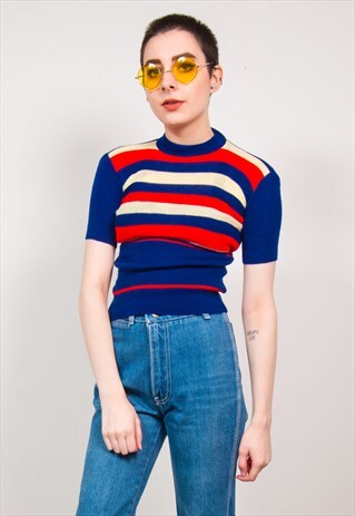 VINTAGE 70'S BLUE & RED STRIPED KNIT HIGH NECK TOP