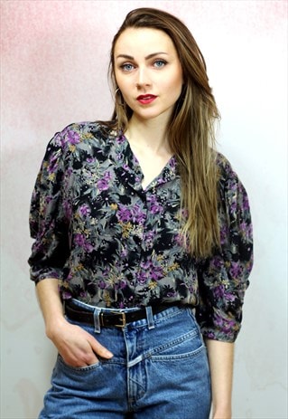 1990S VINTAGE PURPLE FLORAL VISCOSE BLOUSE