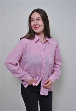 Vintage Minimalist pink blouse, sheer button down blouse 