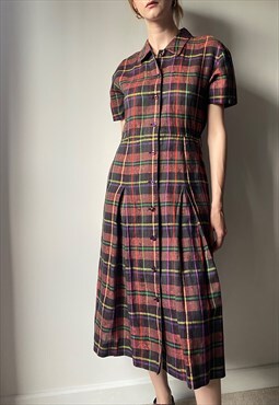 Vintage Check Short Sleeve Midi Dress Size Small
