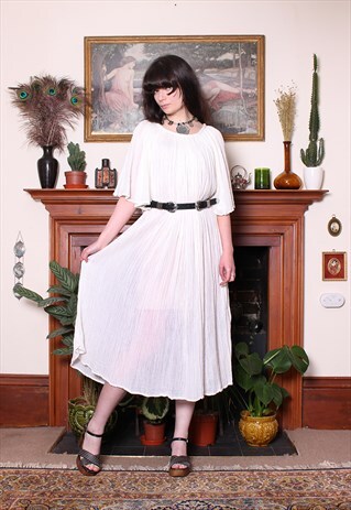 VINTAGE 70S WHITE COTTON GAUZE ANGEL SLEEVE MIDI DRESS
