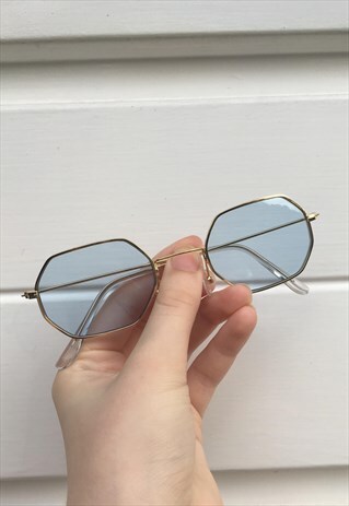 WOMENS VINTAGE JOHN LENNON STYLE BLUE HEXAGONAL SUNGLASSES