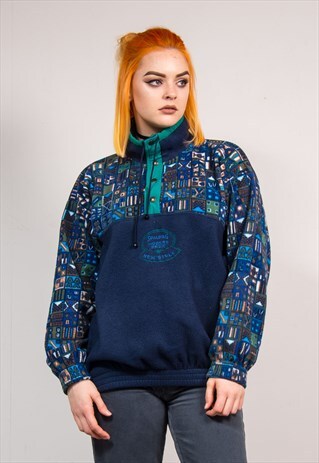 90'S VINTAGE NAVY BLUE PATTERN FESTIVAL FLEECE JACKET