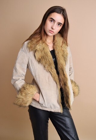 CUTE 90'S RETRO SUEDE FAUX FUR NEUTRAL SHERPA JACKET