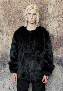 Collarless faux fur coat luxury fleece jacket catwalk bomber