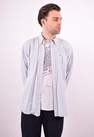 TOMMY HILFIGER MENS VINTAGE SHIRT LARGE BLUE STRIPES 90S