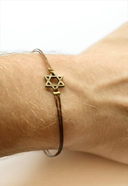 Men's bracelet, bronze star of David, brown cord, wristband