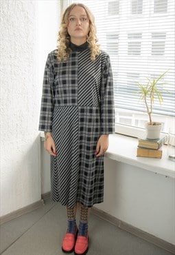 Vintage 70's Grey/Black Checked/Striped High Neck Dress