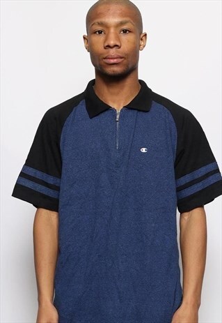 VINTAGE CHAMPION 1/4 ZIP LOGO POLO SHIRT BLUE