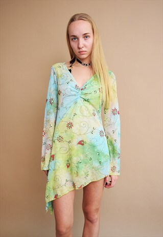 90'S RETRO KITSCH FLORAL PATTERN MINI FLARE MESH DRESS