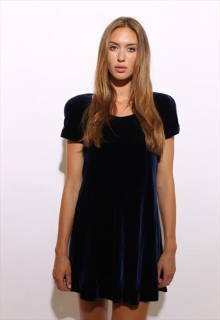 VINTAGE 1980'S 80'S DARK BLUE SILK VELVET MINI DRESS S-M