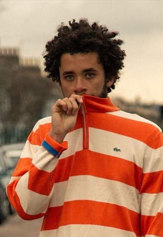 VINTAGE LACOSTE QUARTER ZIP PULLOVER IN STRIPED ORANGE