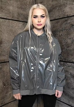 Shiny varsity jacket rubber bomber thin windbreaker in grey