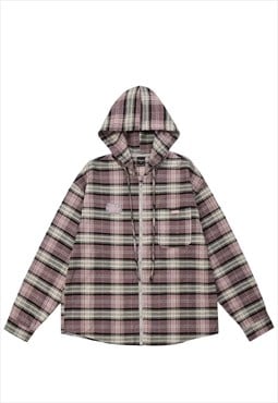 Check pattern hooded shirt plaid pullover vintage wash top 